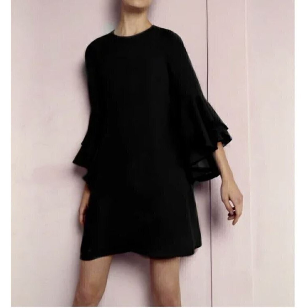 Alexis Black 100% Silk Long 3/4 Sleeve Bell Sleeve Mini Shift Dress Size XS